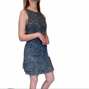 Blue Fitted Lace Dress with Skirt Detail